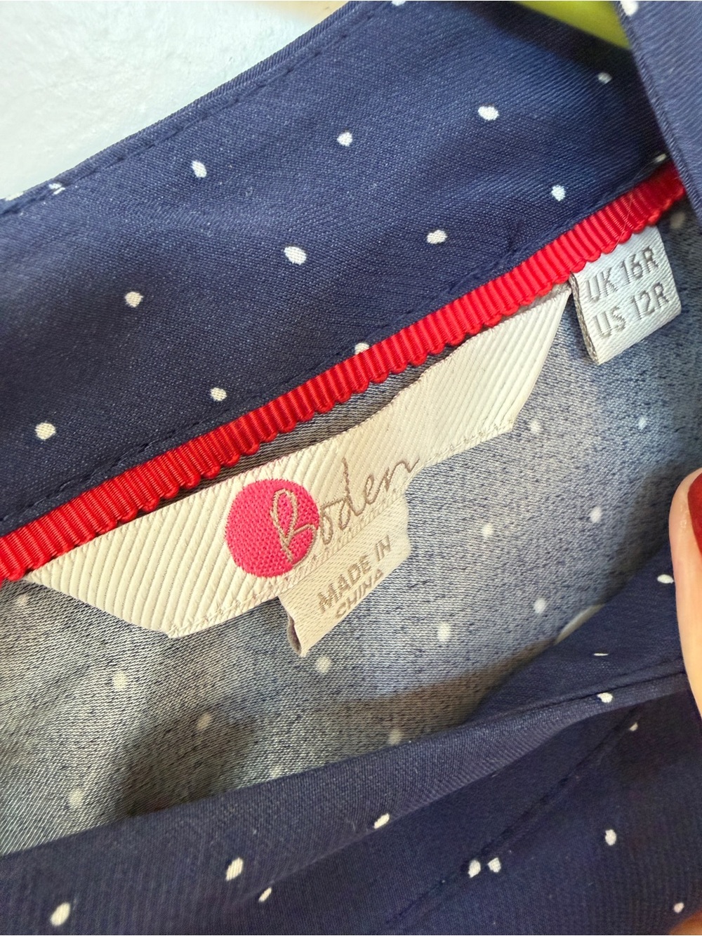 Boden Navy Polka Dot Belted Dress with Red Accent size 12 - Picture 4 of 7